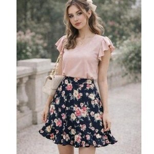 May include: A light pink short-sleeved blouse with flutter sleeves paired with a dark navy blue mini skirt featuring a vibrant floral pattern of pink, white, and yellow flowers, finished with a ruffled hemline and a cream-colored shoulder bag.