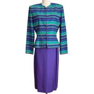 VtG. 90s Adrianna Papell Silk Skirt Suit 2 Pc Set Purple Teal Striped Size 6 afbeelding 4