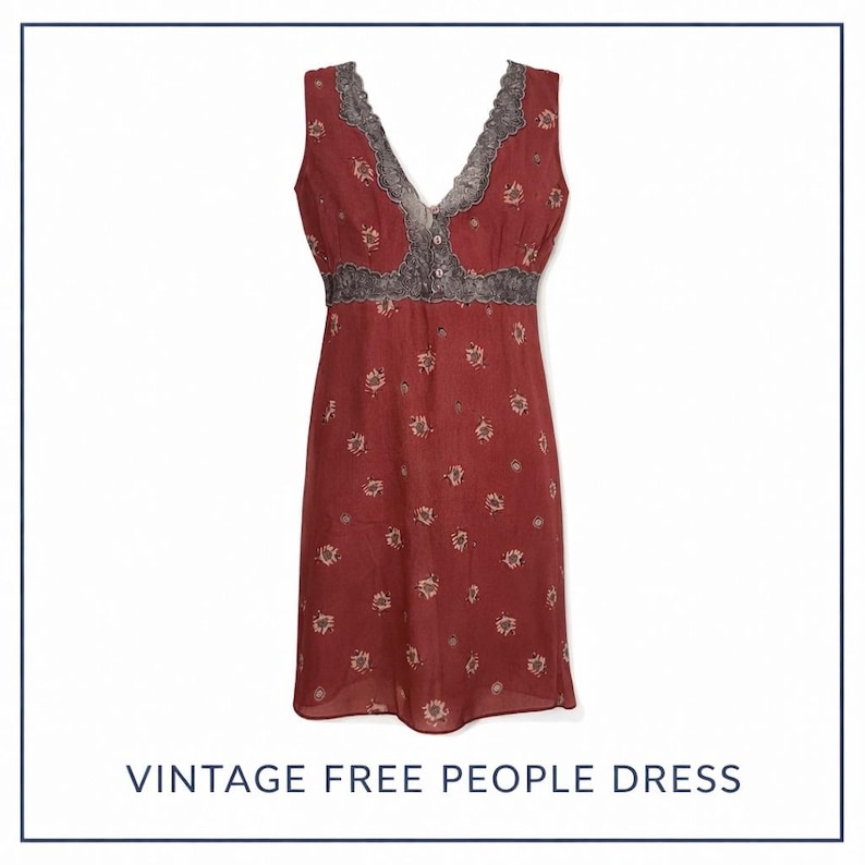 Vintage Free People Babydoll Floral Lace Trim Empire Waist Midi Dress Medium Y2K image 1