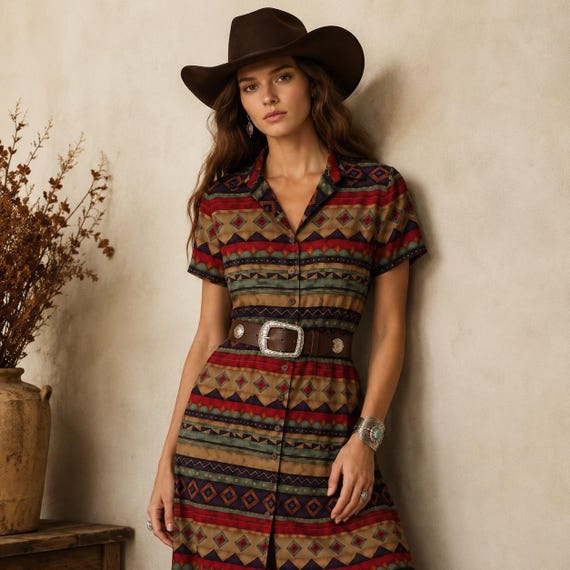 VTG J. Stevens Carol Escritor Southwestern Dress 8 Western Boho Chic Festival View 3