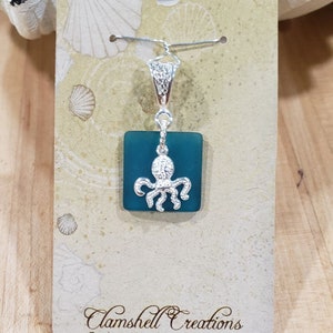 Blue Seaglass Pendant with Octopus