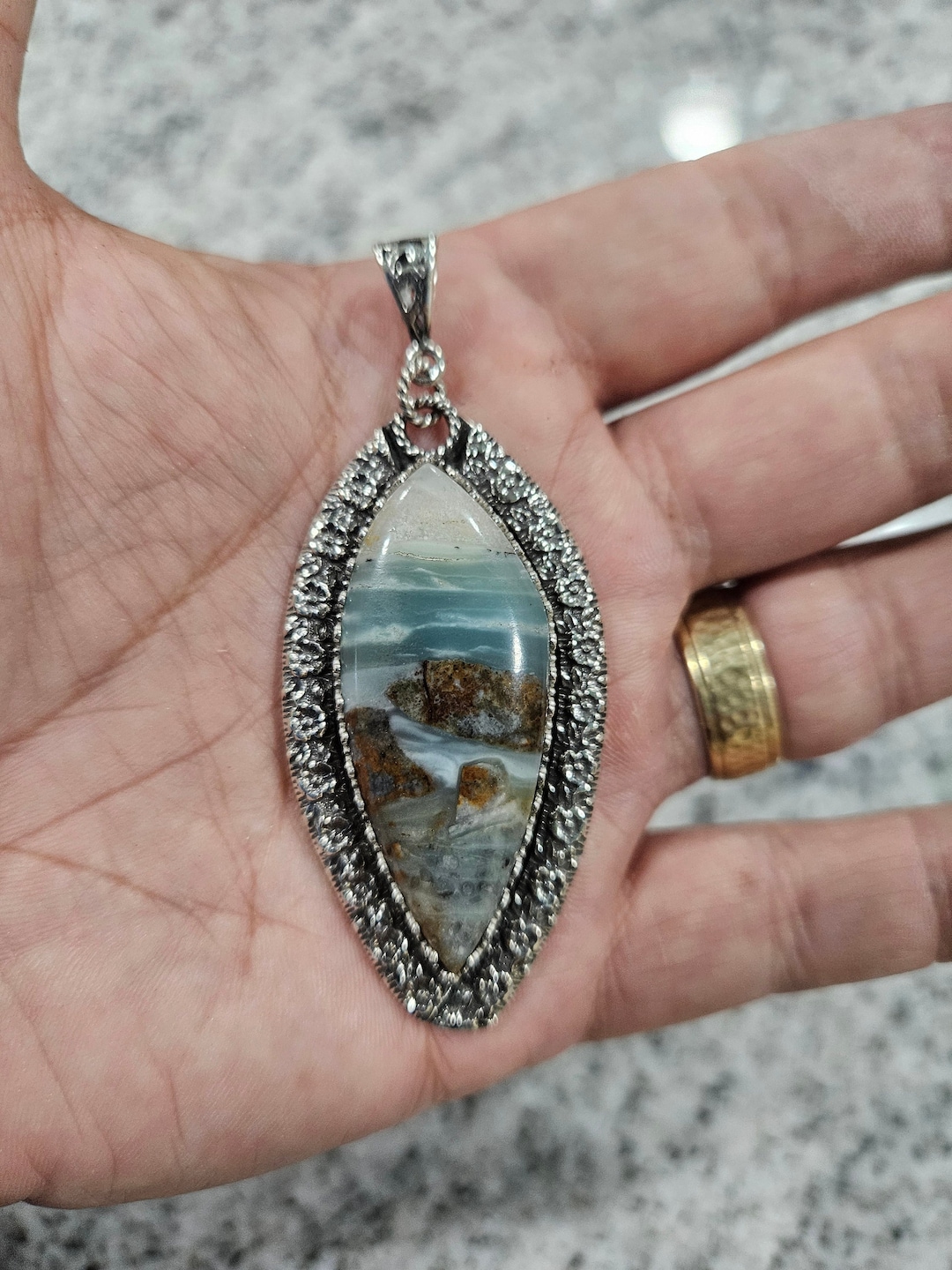 Large Ocean Picture Stone Pendant Custom Artisan Handmade 925 Etsy