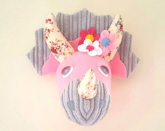 Pink dinosaur wall mount, Animal head, Faux taxidermy triceratops, Floral nursery decor, Baby shower gift, Girls first birthday present