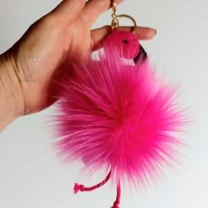 Flamingo bag hanger, Pink vegan pom key ring, Hanging decoration Flamingo lover present, Purse charm, Birthday gift for her, Mingo key chain image 2