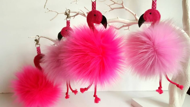 Flamingo bag hanger, Pink vegan pom key ring, Hanging decoration Flamingo lover present, Purse charm, Birthday gift for her, Mingo key chain image 3