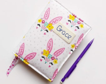 Easter bunny notebook, Rabbit gifts for girls, Fabric book slip cover, School writing journal, Non chocolate Easter gifts