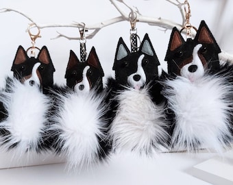 Border collie gifts, Personalised dog bag charm, Fluffy giant pom keyring, Dog mom birthday gift for her, Purse charm pet keepsake