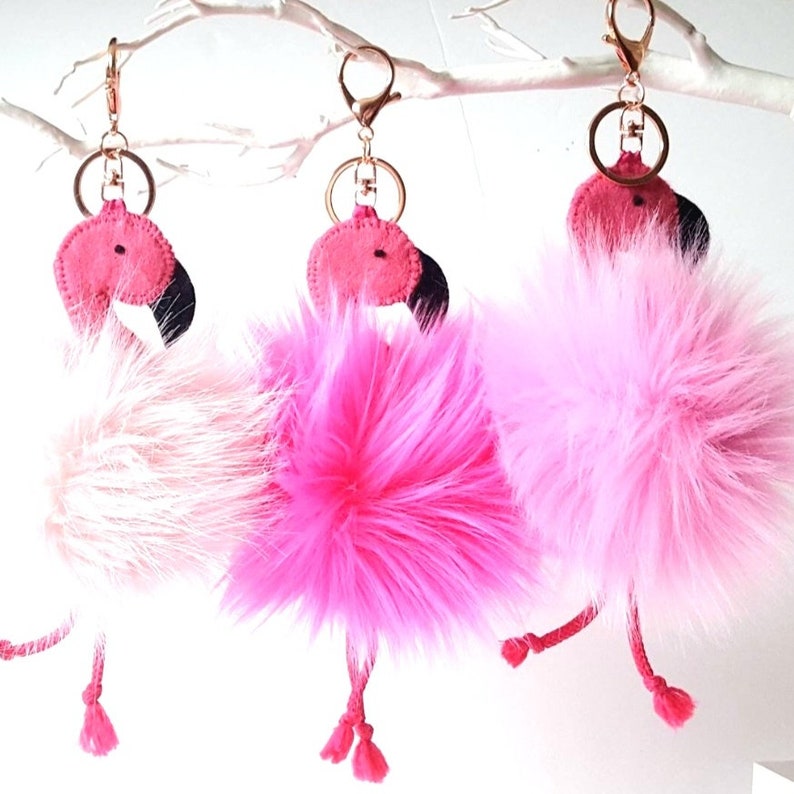 Flamingo bag hanger, Pink vegan pom key ring, Hanging decoration Flamingo lover present, Purse charm, Birthday gift for her, Mingo key chain image 4