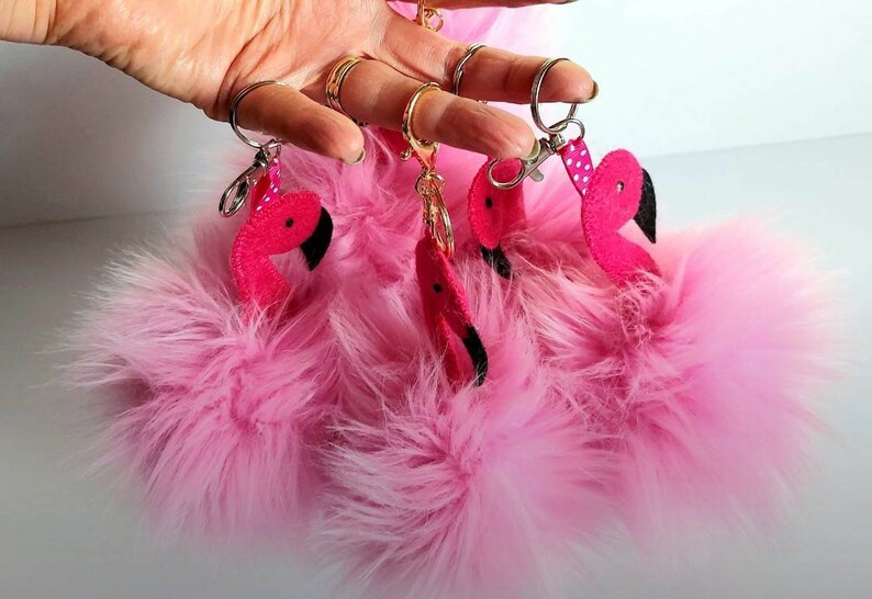 Flamingo bag hanger, Pink vegan pom key ring, Hanging decoration Flamingo lover present, Purse charm, Birthday gift for her, Mingo key chain image 6