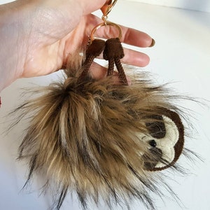 Sloth bag hanger, Sloth gifts for her, Fluffy keyring, Gifts for girls, Pom purse charm, Quirky birthday gift, Puff Ball key chain