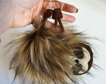 Sloth bag charm, Sloth gifts for her, Fluffy keyring, Gifts for girls, Pom purse charm, Quirky birthday gift, Puff Ball key chain
