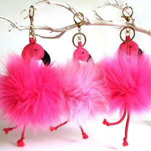 Flamingo bag hanger, Pink vegan pom key ring, Hanging decoration Flamingo lover present, Purse charm, Birthday gift for her, Mingo key chain image 1