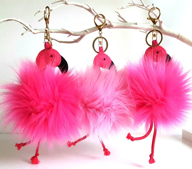 Flamingo bag hanger, Pink vegan pom key ring, Hanging decoration Flamingo lover present, Purse charm, Birthday gift for her, Mingo key chain image 1