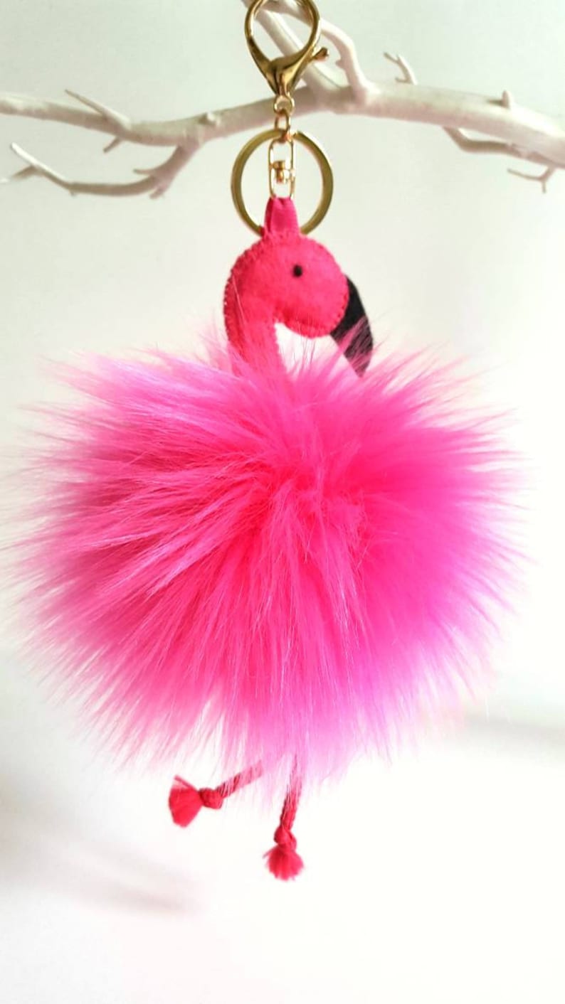 Flamingo bag hanger, Pink vegan pom key ring, Hanging decoration Flamingo lover present, Purse charm, Birthday gift for her, Mingo key chain image 8