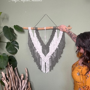 Macrame wall hanging with raw clear quartz crystal/boho wall decor