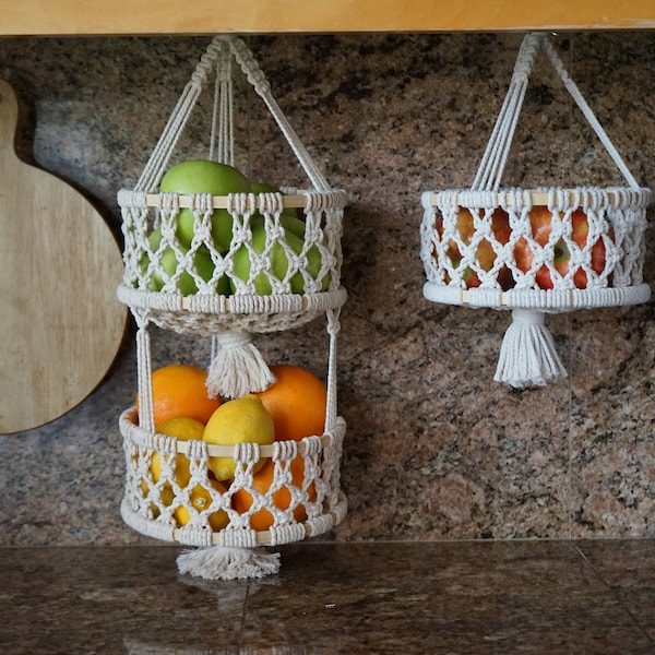 Macrame hanging fruit basket/decorative hanging basket/ 1 or 2 tier baskets