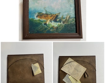 Hidden secrets Miniature aged shipwreck scene framed print with secret papers oddity 1 inch scale