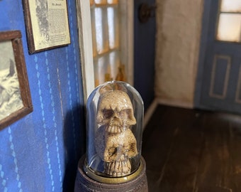 Miniature stacked skulls in cloche dome dollhouse oddity Halloween momento Mori 1/12 scale