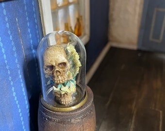 Miniature stacked skulls in cloche dome dollhouse oddity Halloween momento Mori 1/12 scale