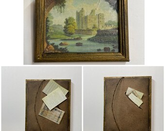 Hidden secrets Miniature aged castle scene framed print with secret papers oddity 1 inch scale