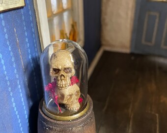 Miniature stacked skulls in cloche dome dollhouse oddity Halloween momento Mori 1/12 scale