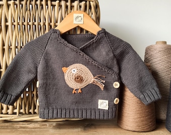 Suéter de punto abotonado para bebé y niño con diseño "Oskar el pequeño gorrión", jersey cruzado, tallas 50-104