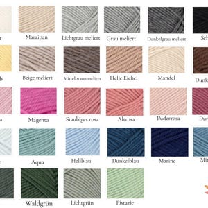 May include: A collection of yarn skeins displayed in a grid, showcasing a wide variety of solid and heathered colors including white, gray, black, brown, red, pink, blue, and green, with each color labeled in German text below the yarn sample.