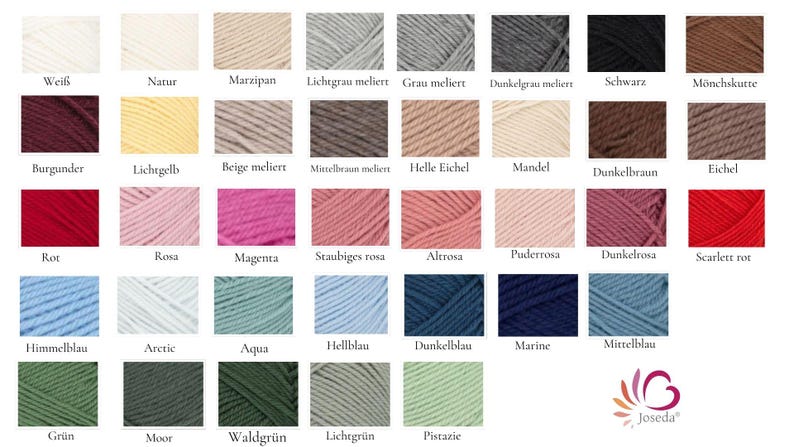 May include: A collection of yarn skeins displayed in a grid, showcasing a wide variety of solid and heathered colors including white, gray, black, brown, red, pink, blue, and green, with each color labeled in German text below the yarn sample.