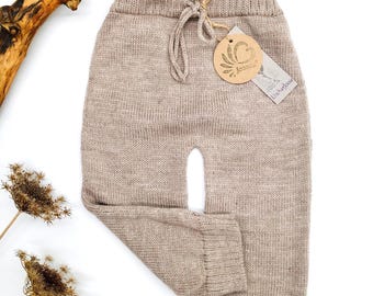 Pantalones de bebé hechos a mano de pura lana merino, pantalones de lana suave para recién nacidos, pantalones de punto para bebé sostenibles, ropa de bebé sostenible de invierno