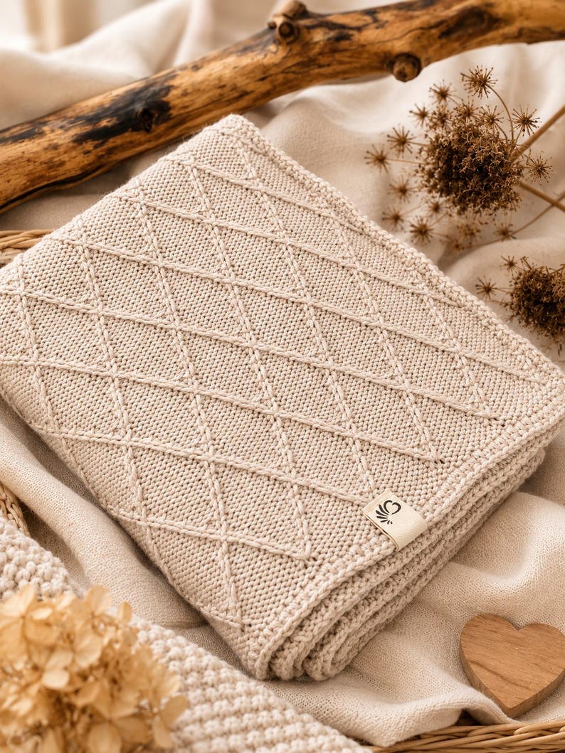 Handgestrickte Babydecke aus mulesingfreier Merinowolle in Naturbeige, dekorativ auf einem Leinentuch mit Holz, Trockenblumen und Herz in Szene gesetzt – nachhaltige Babydecke für Neugeborene und Geschenk zur Geburt.
