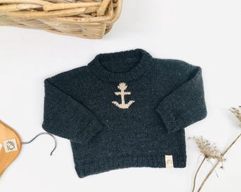 Suéter de punto para bebé Lana merino Estilo nórdico Ropa de bebé hecha a mano Suéter de bebé sostenible con ancla Idea de regalo de punto Baby shower