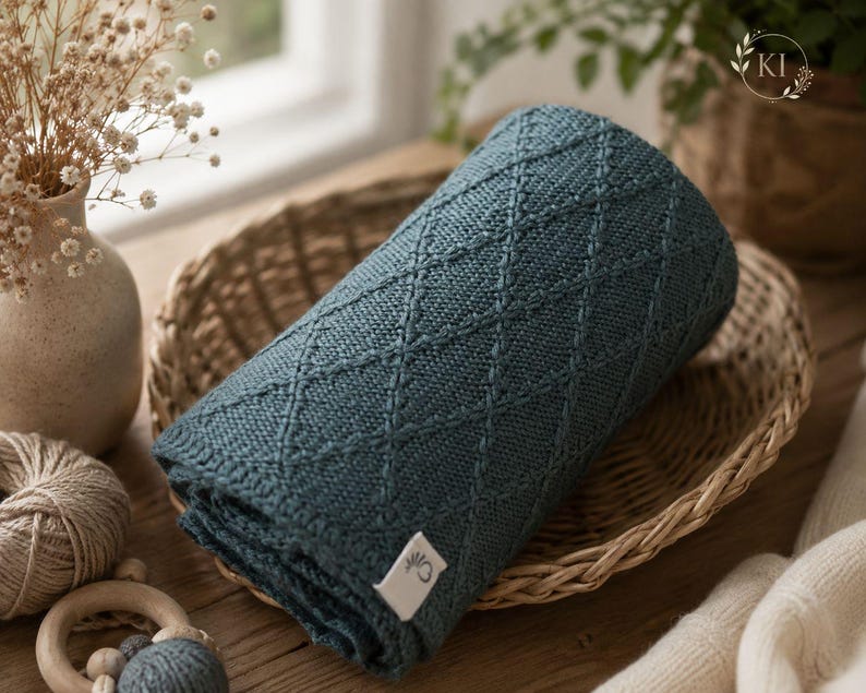 May include: A folded teal blue knit blanket featuring a raised diamond pattern across its surface. The blanket has a small white rectangular tag attached to one corner with a circular logo graphic printed in dark ink on the fabric surface.