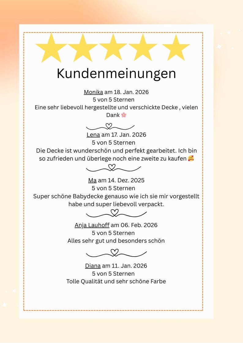 Grafik mit fünf goldenen Sternen und dem Titel „Kundenmeinungen“ auf hellem Hintergrund. Mehrere 5-Sterne-Bewertungen von Kundinnen loben die liebevolle Handarbeit, hohe Qualität, schöne Farben und die sorgfältige Verpackung der handgestrickten Babydecken.