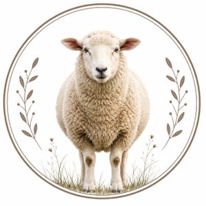 May include: A circular graphic featuring a cream-colored sheep standing in grass, framed by two symmetrical brown botanical sprigs on the sides. The sheep has thick, textured wool and is centered within the circular border against a white background.