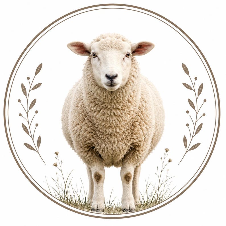 May include: A circular graphic featuring a cream-colored sheep standing in grass, framed by two symmetrical brown botanical sprigs on the sides. The sheep has thick, textured wool and is centered within the circular border against a white background.