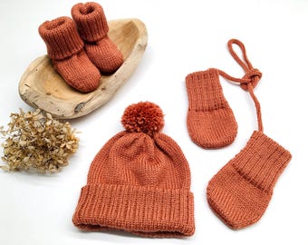 Conjunto para recién nacido hecho a mano para niñas y niños, gorro, patucos y manoplas de bebé, tejido, sin mulesing, regalos para recién nacidos, nacimiento, baby shower