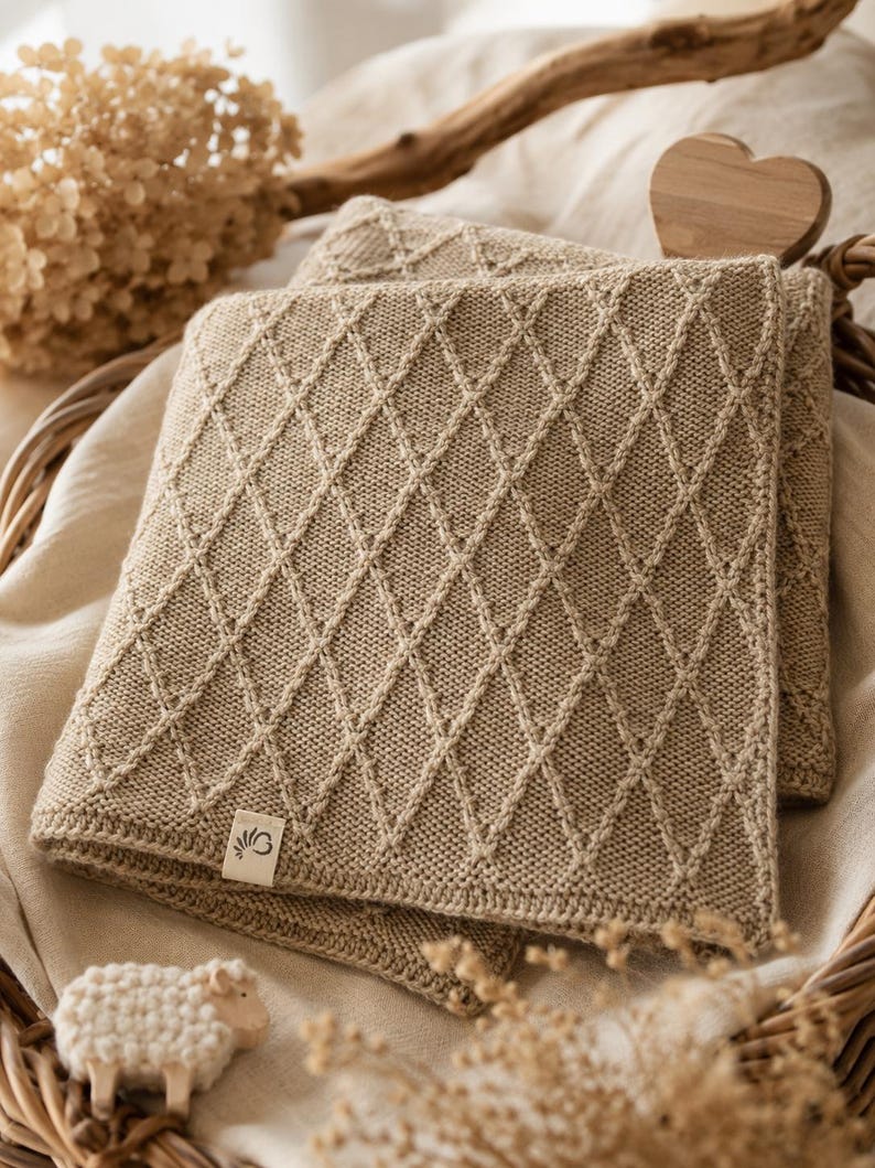Handgestrickte Babydecke aus mulesingfreier Merinowolle in Naturbeige, dekorativ auf einem Leinentuch mit Trockenblumen, Holzherz und Schäfchen arrangiert – hochwertige, nachhaltige Babydecke für Neugeborene und Geschenk zur Geburt.