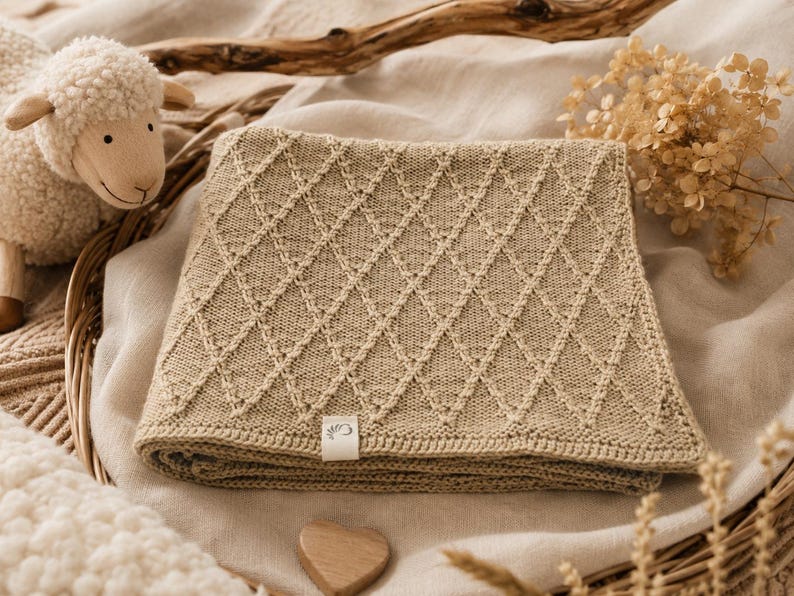 Handgestrickte Babydecke aus mulesingfreier Merinowolle in Naturbeige, dekorativ auf einem Leinentuch mit Trockenblumen, Holzherz und Schäfchen arrangiert – hochwertige, nachhaltige Babydecke für Neugeborene und Geschenk zur Geburt.
