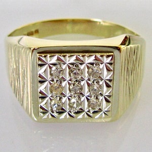 9ct Gold Multi Diamond Square Faced Vintage Signet Ring