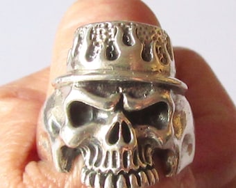 Skull with Hat on Fire Large Solid Silver Ring. 