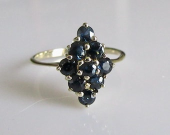 Vintage 9ct Gold Sapphire Marquise Shape Cluster Ring