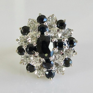 Large 9ct Gold Sapphire and Diamond Round Cluster Ring