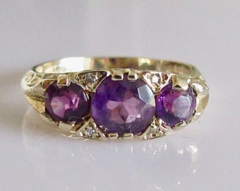 Vintage 9ct Gold Amethyst and Diamond  Ring