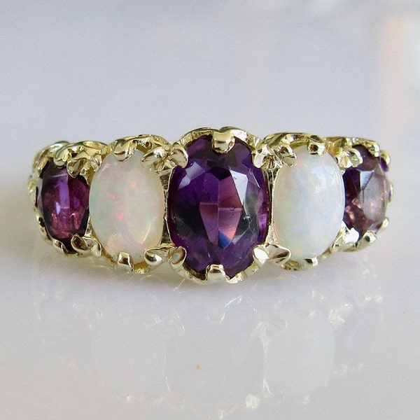 Amethyst and Opal 9ct Yellow Gold 5 Stone Vintage Ring