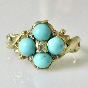 Victorian 15ct Gold Turquoise and Rose Cut Diamond Cluster Ring