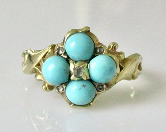 Victoriaanse 15kt goud turquoise en rose geslepen diamant cluster ring