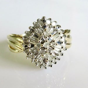 9ct Gold Multi Cut Baguette and Round Diamond Cluster Ring