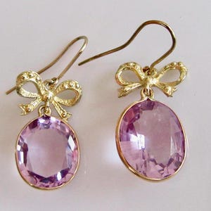 Large 9ct Gold Amethyst Drop Earrings with Bow Detail
