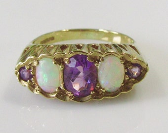 Amethyst and Opal 9ct Yellow Gold 5 Stone Vintage Ring