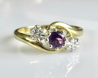 Amethyst Diamond 3 Stone 9ct Gold Swirl Ring